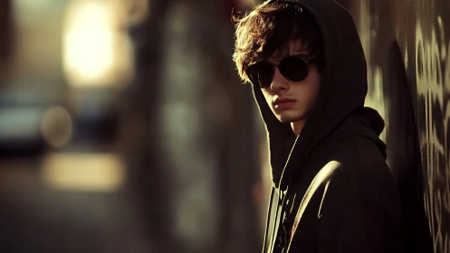 Hooded teen in alleyway with cinematic golden backlight.