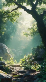 Ancient Forest Clearing in Sunlit Mist.