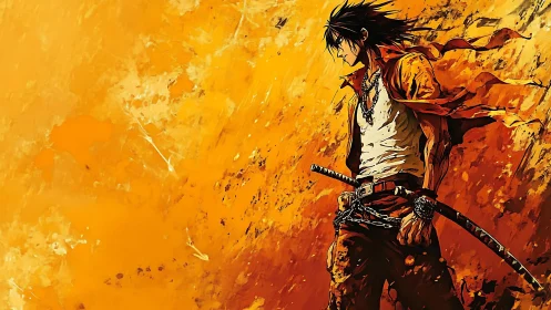 Blade-torn wanderer strides through molten sunset fury.