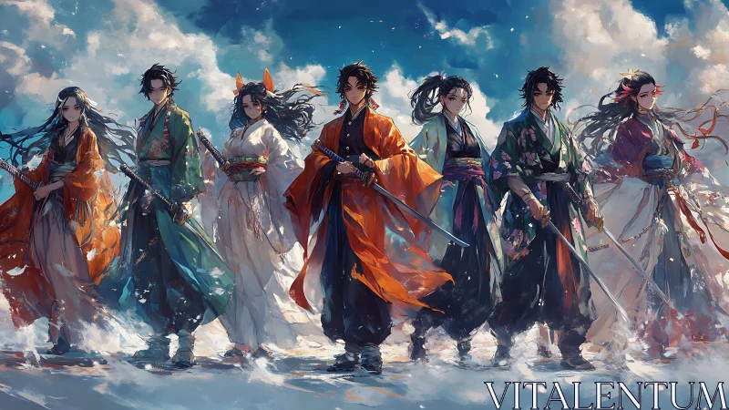 Seven stormlit samurai stride beneath sweeping skies.