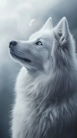 White wolf studies doves under cold ethereal light.