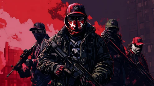 Masked gunmen stand in urban street with red smoke background