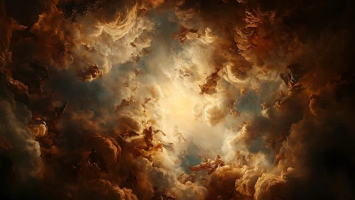 Radiant celestial clouds swirl around a glowing divine sky