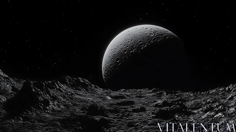 Crescent moonrise over cratered lunar horizon in space.