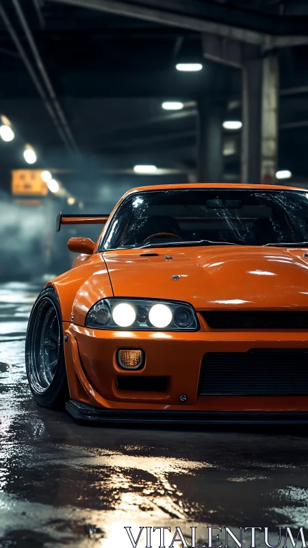 Orange tuner coupe dominates wet urban underground scene.
