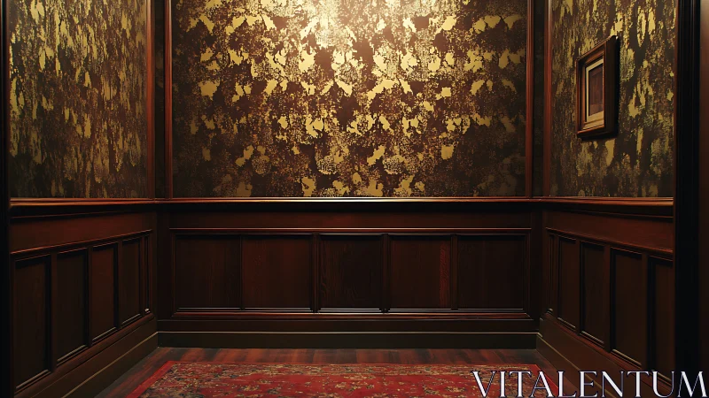 Luxury paneled room with gold textured walls and rug.