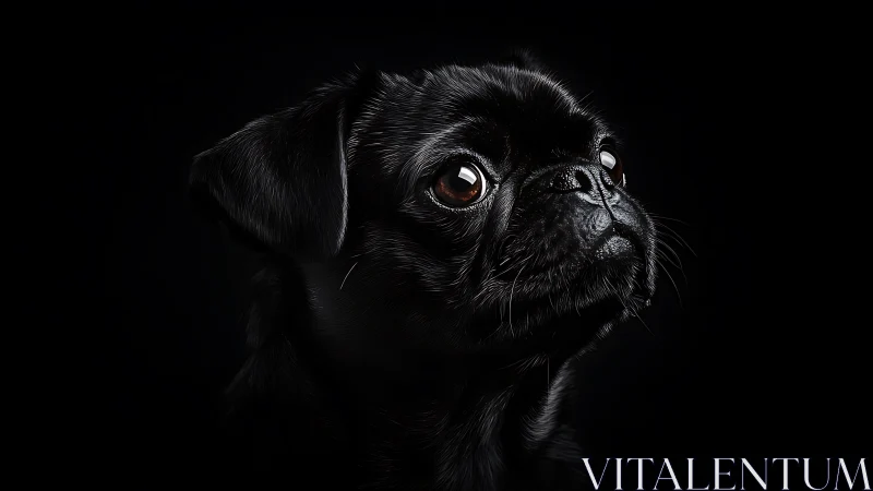 Black pug portrait glows softly against deep noir backdrop