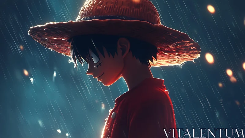 Side profile of straw-hatted anime figure in simulated rain