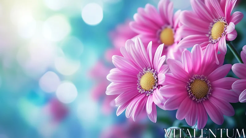 Pink Gerbera Daisies with Yellow Centers Against Soft Blue Bokeh Background
