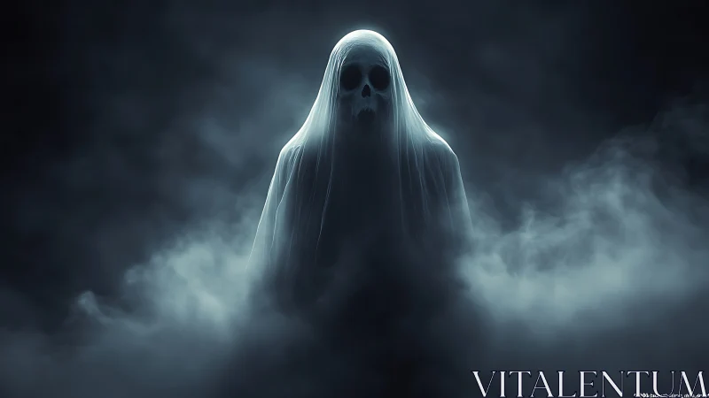 Shrouded skeletal ghost emerging through swirling fog bank.