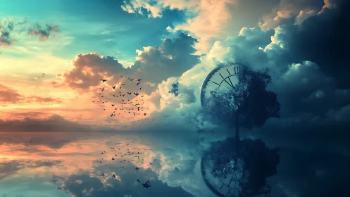 Surreal twilight sky merges time, reflection, and flight.