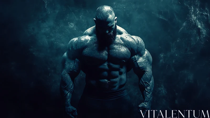 Muscular bodybuilder in cinematic blue chiaroscuro lighting.