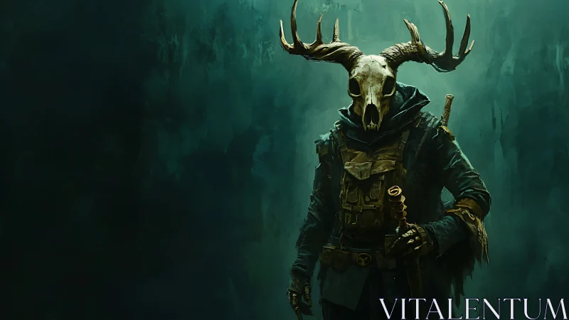 Antlered skull-helmed figure in tactical garments stands.