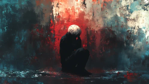 Solitary figure in abstract red cyan emotional digital painting.