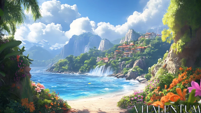 Cliffside Paradise Beach with Waterfall and Mountain Architecture.