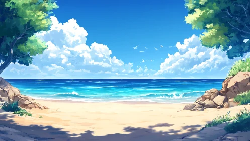 Tranquil Coastal Beach with Azure Waters and Clear Sky.