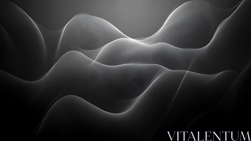 Shimmering grayscale waveforms in ethereal flowing layers.