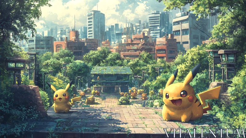 Pikachu gathering in overgrown rooftop garden cityscape.