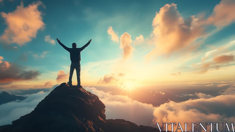 Silhouette celebrates triumph atop a sunlit mountain summit