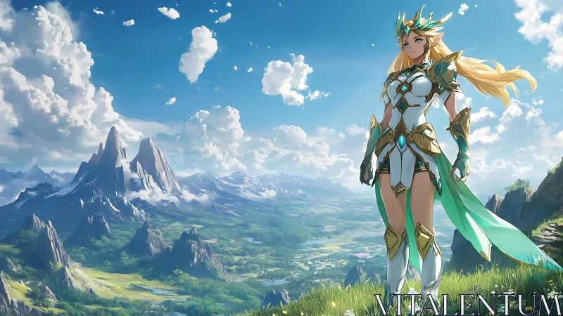 Fantasy warrior heroine in luminous alpine vista composition.