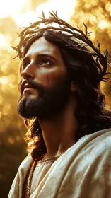 Messianic figure in golden light gazes heavenward in reverence.