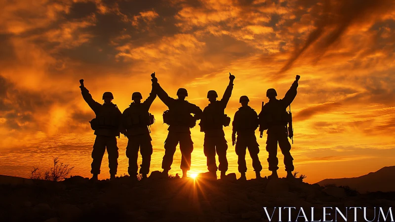 Silhouetted soldiers celebrate unity against blazing sunset sky.