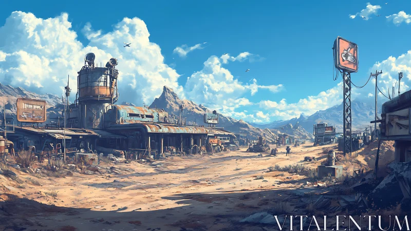 Post‑apocalyptic desert truck stop in panoramic digital painting.