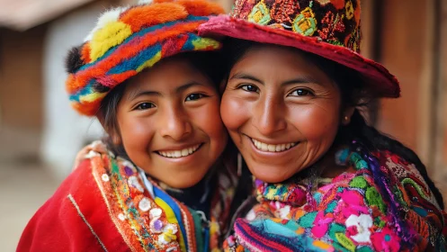Smiling Indigenous Mother and Child in Colorful Traditional Attire.