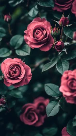 Pink Roses with Thorned Buds in Garden Setting.
