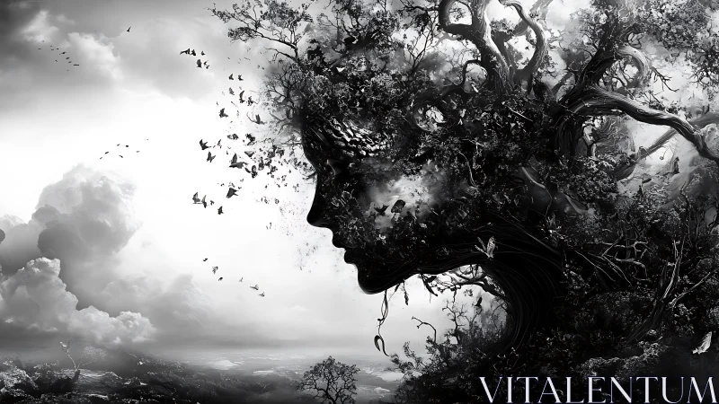 Forest-thought silhouette dissolves into migrating daylight birds