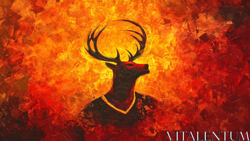 Digital painting of stag silhouette within fiery abstract field.
