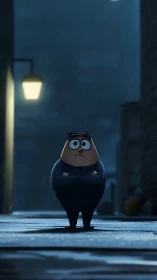 Cartoon man stands alone in rainy night alleyway scene.