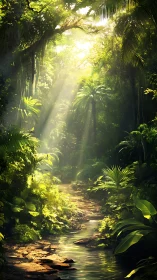Sunlit Jungle Stream Sanctuary Illuminated by Golden Rays