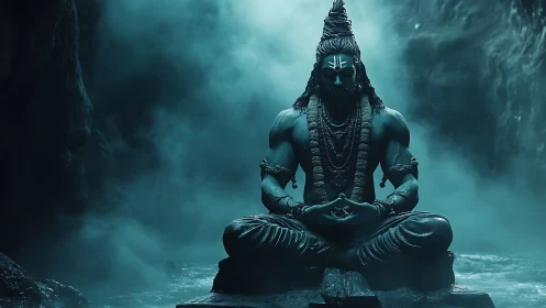 Serene blue yogi in misty cave meditation at dawn.