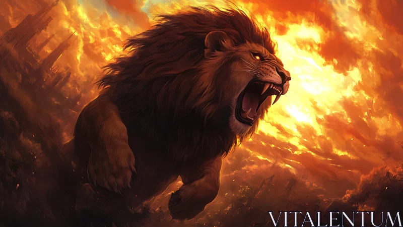 Roaring lion strides through fiery sky above ruined city