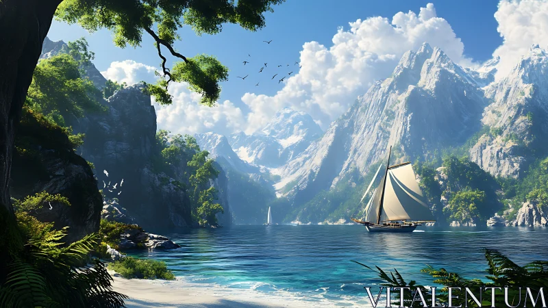 Mountain-Framed Alpine Lake with Sailing Vessel.
