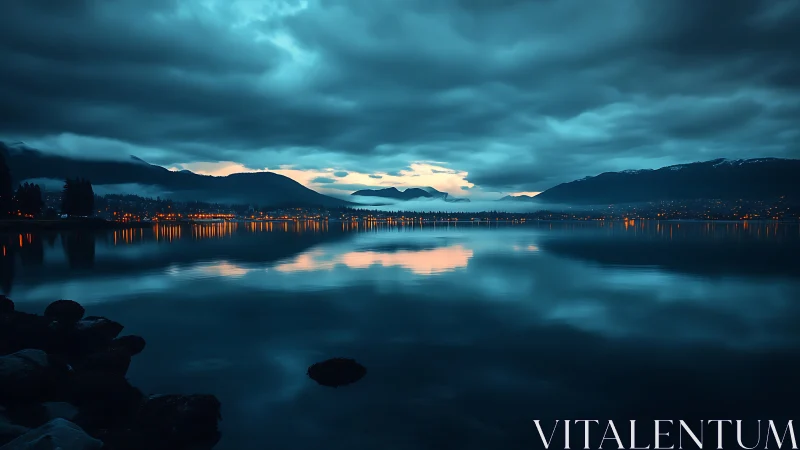 Moody blue lakeside cityscape glows under stormy twilight.