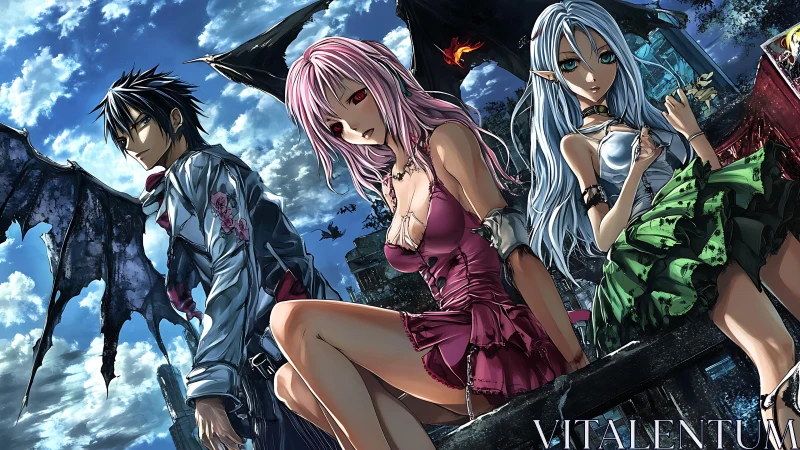 Winged anime trio overlook ruined city under stormy sky