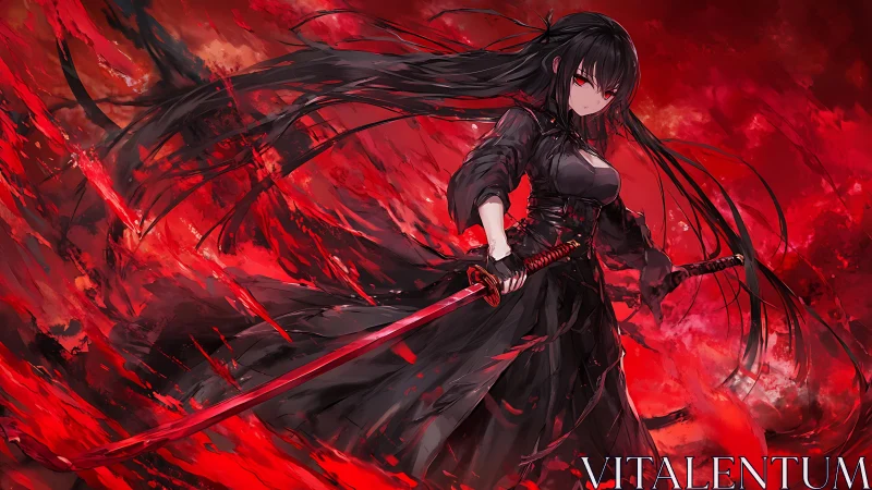 Scarlet storm samurai girl cleaves through a burning sky.