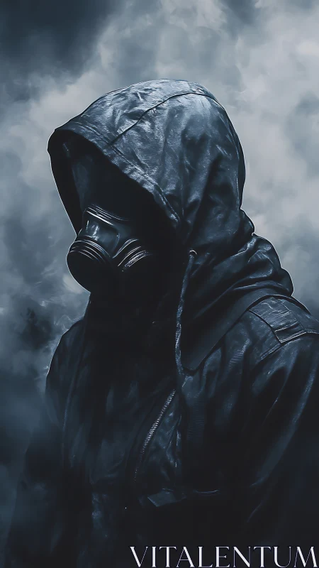 Mysterious hooded wanderer wrapped in stormy blue shadows.