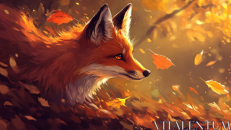 Amber-eyed fox drifting through a swirling autumn blaze.