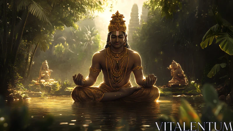 Golden robed deity meditates in jungle river clearing