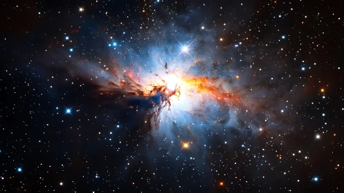 Stellar nebula eruption framed by dense cosmic starfield.