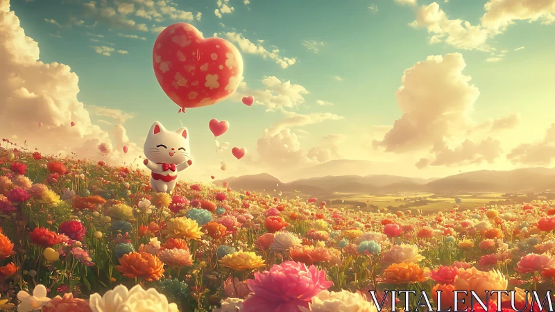 Cat with Heart Balloons in Flower Field.