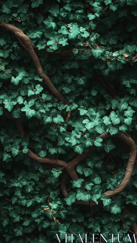 Ivy foliage and twisting trunks in cinematic overhead light.