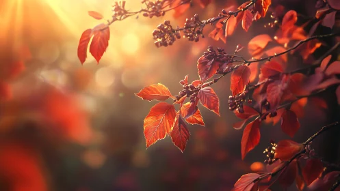 Golden autumn sunlight gently warming glowing red leaves