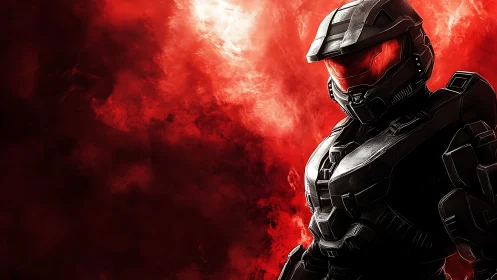 Armored sci fi soldier against intense red smoke backdrop.
