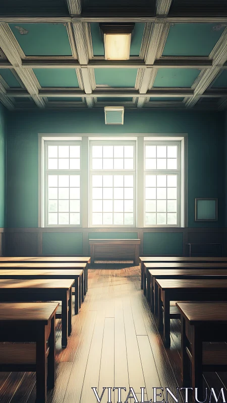 Empty wooden classroom interior with large window light.