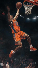 Basketball player captured mid-air dunk in dynamic digital realism