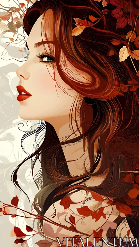 Autumn muse gazes upward in a warm, flowing vector portrait